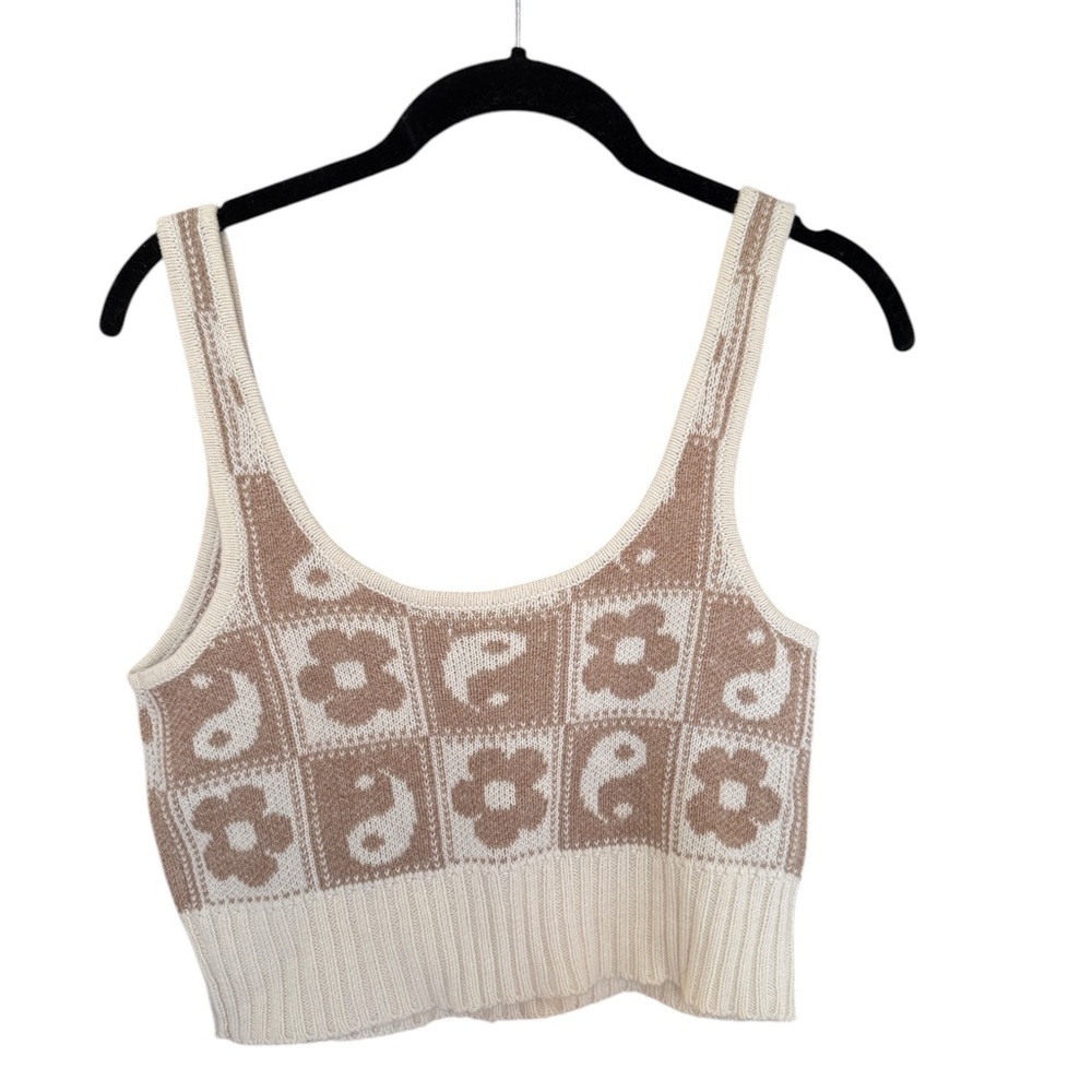 American Eagle Knit Beige White YINGYANG Daisy Crop Tank Top Sz S Cottagecore